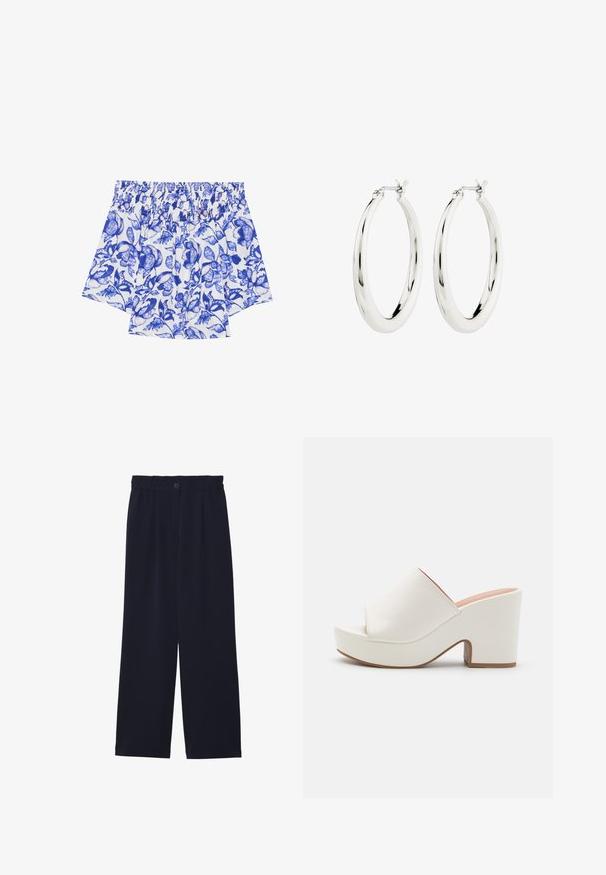 Blomstrede shorts med en smocket talje, med et blåt blomsterdesign på en hvid baggrund. Fremstillet af letvægtsstof, afslappet pasform.; Marineblå brede bukser med en glat tekstur, elastisk talje, enkel frontfold og en knaplukning i taljen.; Hvide platformmules med en glat overflade, åben tå-design og en kraftig hæl. Har en subtil overfladiskøm og en kontrastfarvet sål.; Sølvøreringe i form af hoops med en glat, blank finish. Cirkulær form, der har en sikker lås. Simpelt og elegant design.