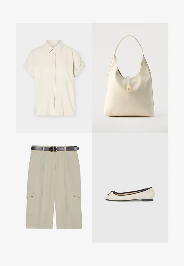 Beiges Kurzarmhemd zum Knöpfen mit umgeschlagenen Manschetten und klassischem Kragen, auf weißem Hintergrund präsentiert.; Beige Cargo-Shorts mit entspanntem Schnitt, ausgestattet mit zwei seitlichen Taschen und einem braunen Gürtel mit runder Schnalle, glatte Stoffstruktur.; Balletschuh aus beigem Textil mit schwarzem Rand. Mit einer abgerundeten Schuhspitze und einem kleinen Schleifenakzent an der Vorderseite. Flache Sohle.; Hobo-Tasche aus cremefarbenem Leder mit einem einzelnen Schulterriemen, glatter Textur und einem goldfarbenen Verschlussdetail an der Vorderseite.