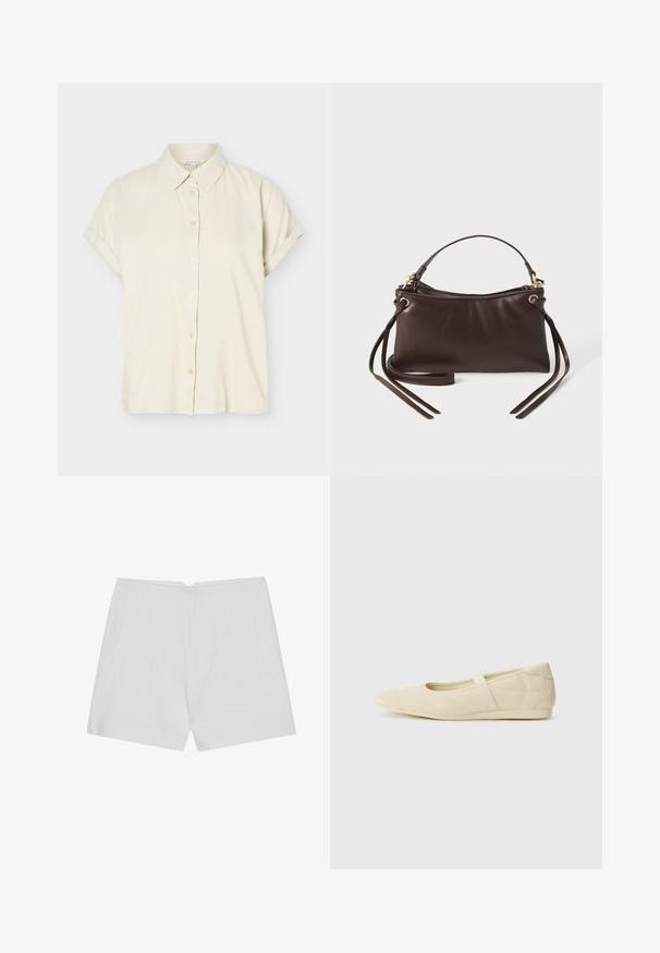 Beige kortærmet skjorte med knapper, foldede manchetter og klassisk krave, vist på hvid baggrund.; Hvide shorts med et skræddersyet design, flad front, to sidelommer og en ren kant. Fremstillet af et glat stof uden synlige mønstre.; Lysebrune ballet flats med en glat læderoverflade, mandelformet tå og elastisk rem over vristen, med diskrete syninger.; Brun læderhåndtaske med en buet top, en kort hank og lange remme. Har guld hardware og en glat overflade.