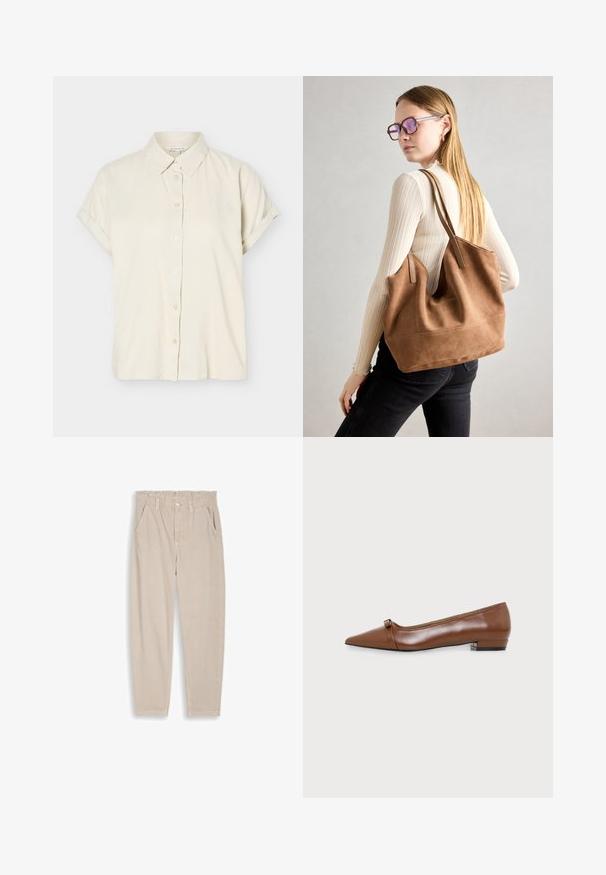 Chemise beige à manches courtes avec boutons, poignets repliés et col classique, présentée sur fond blanc.; Pantalon beige à jambes droites avec taille élastique, passants pour ceinture, fermeture par bouton et poches avant, présenté sur un fond uni.; Chaussure plate en cuir marron à bout pointu avec un petit talon et une fine lanière sur le devant, sur un fond blanc uni.; Sac fourre-tout en daim marron avec une texture douce, grande ouverture et longues sangles. Présente un design simple avec des coutures visibles et sans matériel.