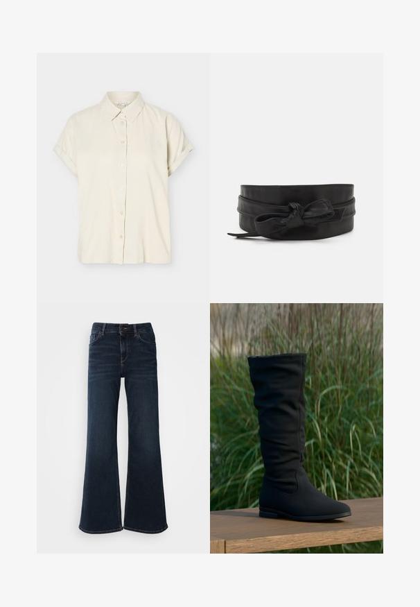 Camisa beige de manga corta con botones, puños doblados y cuello clásico, presentada sobre un fondo blanco.; Mos Mosh HERA - Vaqueros a campana - dark blue; Bota negra hasta la rodilla hecha de tela suave, con un diseño holgado, punta puntiaguda y suela plana, sobre un fondo de césped.; Cinturón de cuero negro con una textura suave, diseño de banda ancha, con un acento anudado en la parte frontal y una forma simple y elegante.