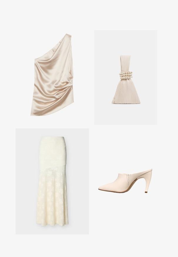 Satin stof i lyse nude farve med en one-shoulder design, der har draperet tekstur og samlet detalje på den ene side.; Elfenbensfarvet lang nederdel med subtilt blomsterprint, tætsiddende ved taljen og hoften, der blidt flår ud mod kanten.; Beige mule med spids tå, mellemhøj buet hæl og minimale syninger nær åbningen på hvid baggrund.; Lille plisseret beige håndtaske med et knyttet håndtag og tre runde perlearmbånd viklet omkring midten.