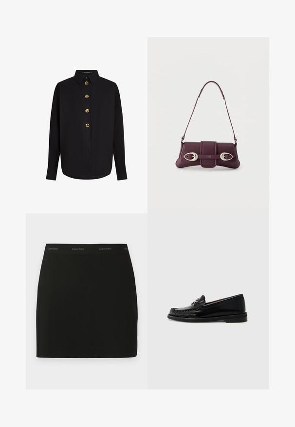 Chemise noire à col montant, avec cinq boutons ronds dorés portant des lettres. Manches longues avec des poignets boutonnés. Texture lisse.; Mini-jupe noire en tissu lisse. Dotée d'une ceinture élastique de marque et de poches latérales. Design simple et épuré sans motifs supplémentaires.; Mocassins en cuir noir avec un design de type mocassin, caractérisés par un détail de couture au niveau des orteils et un petit accent métallique sur le côté. Semelle en caoutchouc plate.; Sac à bandoulière en cuir violet foncé avec boucles ovales argentées et logo "HUGO" sur le rabat avant, bandoulière fine, design minimaliste.
