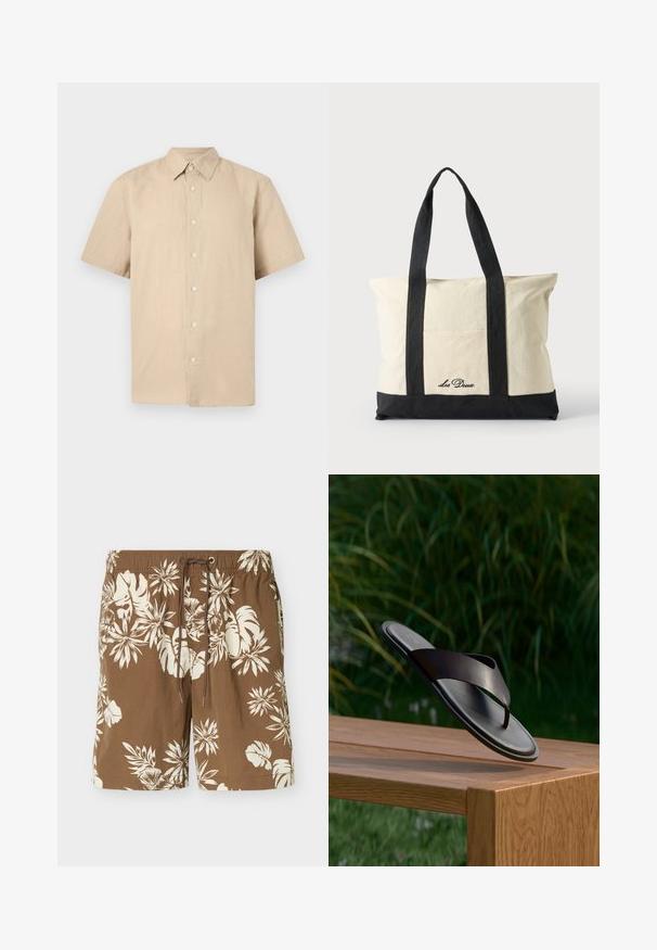 Chemise beige à manches courtes avec col pointu, en tissu léger, présentée sur un fond blanc uni.; Short de bain marron avec imprimé floral tropical blanc et taille ajustable avec cordon.; Sandale en cuir noir flottant au-dessus d’un banc en bois avec un feuillage vert en arrière-plan flou.; Sac fourre-tout en toile avec longues anses noires, bordure noire en bas et poche avant avec logo "Les Deux" en écriture noire.