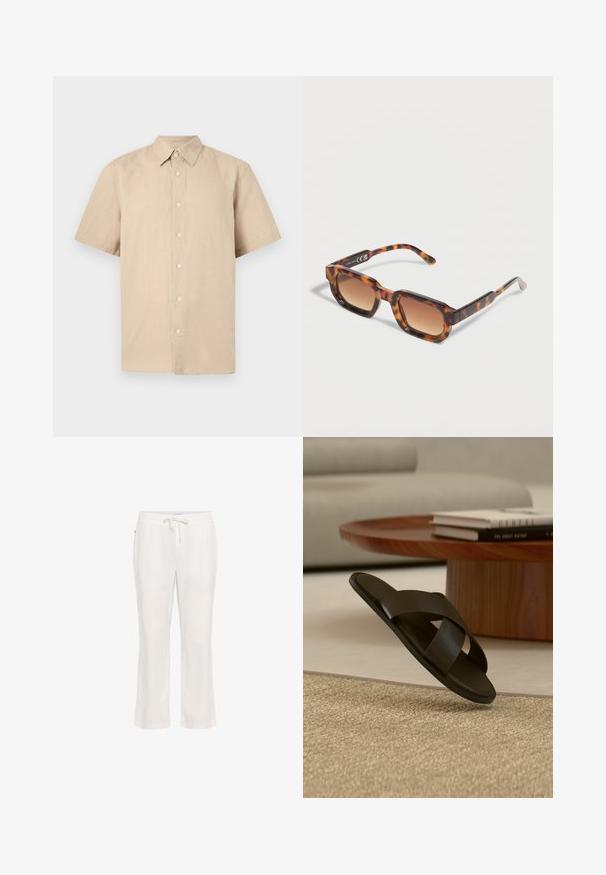 Chemise beige à manches courtes avec col pointu, en tissu léger, présentée sur un fond blanc uni.; Pantalon léger en lin blanc avec une taille élastique et un cordon de serrage. Conception à jambe droite avec une texture lisse et sans motifs notables.; Sandale slide en cuir noir avec larges brides croisées sur un tapis beige, près d'une table basse ronde en bois avec des livres empilés.; Lunettes de soleil rectangulaires à motif écaille de tortue avec des verres dégradés marron, reposant sur une surface claire.