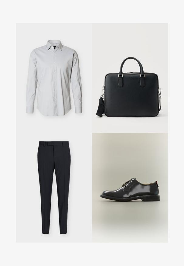 Chemise habillée pour hommes à manches longues gris clair avec boutonnage sur le devant, col pointu et poignets à un bouton sur fond blanc uni.; Pantalon formel noir slim fit avec passants de ceinture, fermeture éclair à l'avant et plis marqués, présenté sur un fond clair uni.; Chaussure de ville noire en cuir verni à lacets, à talon bas et bout arrondi, présentée en profil latéral sur fond neutre.; Portefeuille en cuir noir texturé avec deux poignées et une bandoulière détachable, doté d'une fermeture éclair argentée et de ferrures métalliques.