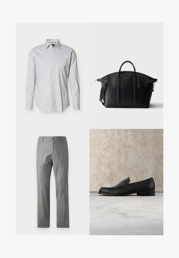 Camisa de vestir de hombre de manga larga en gris claro con cierre de botones en la parte frontal, cuello puntiagudo y puños con un botón sobre fondo blanco liso.; Pantalones grises texturizados con un diseño de pierna recta, que presentan un cierre frontal con botón y cremallera. Detalle sutil de patrón de espiga.; Zapato mocasín de cuero negro flotando sobre una alfombra beige con una mesa redonda marrón brillante al fondo.; Bolso de viaje grande de piel negra con dos asas superiores, una correa de hombro desmontable y cierre de cremallera sobre un fondo liso.