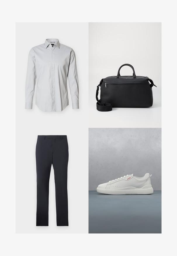 Chemise habillée pour hommes à manches longues gris clair avec boutonnage sur le devant, col pointu et poignets à un bouton sur fond blanc uni.; Pantalons formels navy en tissu lisse. Présentent un devant plat, des passants de ceinture et des poches latérales, avec une coupe droite ajustée.; Sneaker blanche avec une finition en cuir lisse, bout rond, quatre œillets, perforations subtiles et un détail de logo rouge sur le côté.; Sac de voyage en cuir noir avec deux poignées supérieures, une bandoulière amovible et une poche avant zippée pour un espace de rangement supplémentaire.