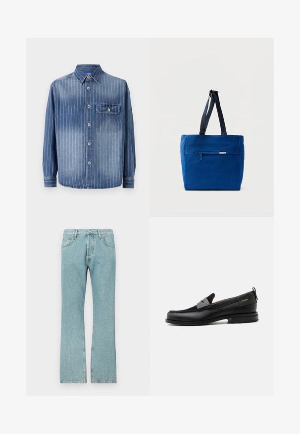 Dhemdung mit vertikalen, hellblauen Streifen, klassischem Kragen, Knopfverschluss, einer Brusttasche auf der linken Seite und langen Ärmeln mit geknöpften Manschetten.; Hellblaue Jeans aus Denim mit geradem Schnitt, ausgestattet mit fünf Taschen und einem Knopfverschluss. Sichtbare Nähte und fransiger Saum.; Schwarzer Lederloafer mit grauem Riemendetail, niedrigem Absatz und strukturierter Sohle, seitlich mit „HUGO“ in Gold gebrandmarkt.; Blaue Canvas-Einkaufstasche mit einer vorderen Reißverschlusstasche, doppelten Schulterriemen und rechteckiger Form. Verfügt über ein dezentes Markenlabel.