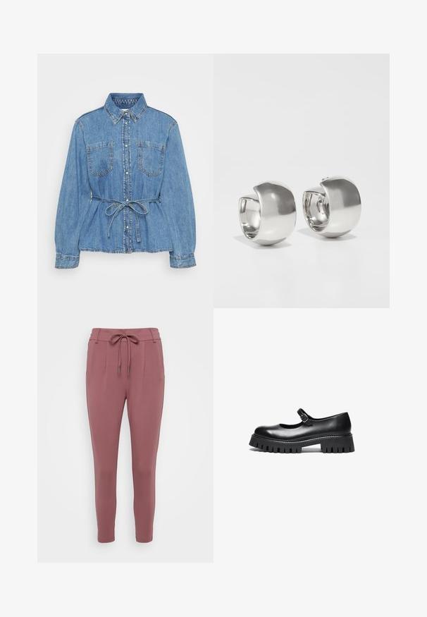 Lyseblå denimskjorte med krave, lange ærmer og to brystlommer. Har et bælte i taljen og knaplukning foran.; Rosa farvede bukser med en snøre i taljen, indsnævrede ben og frontfolder. Lavet af et blødt, strækbart materiale.; Sorte læder Mary Jane-style sko med rund tå, ankelrem og chunky gummisål med ribbet detaljering.; Uncommon Matters SCULPTURAL LARGE CREOLE - Øreringe - silver-coloured