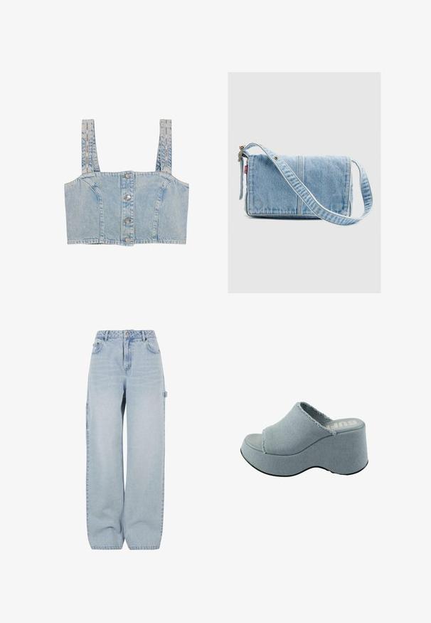 Hellblaues Denim-Cropped-Top mit vier Knöpfen vorne und gebrandeten Schulterträgern.; Helle blaue Denim-Cargohosen mit weitem Bein, die seitliche Taschen und ein klassisches Fünf-Taschen-Design aufweisen. Der Stoff hat eine weiche, leicht ausgewaschene Textur.; Helleblaue Plattform-Sandale mit ausgefranstem Obermaterial, offenem Zehendesign, dicker, gerundeter Sohle und strukturiertem grauem Laufsohlen.; Hellblaues Denim-Schultertasche mit verstellbarem Riemen und Levi's rotem Etikett auf der linken Seite, vor einem schlichten hellgrauen Hintergrund.