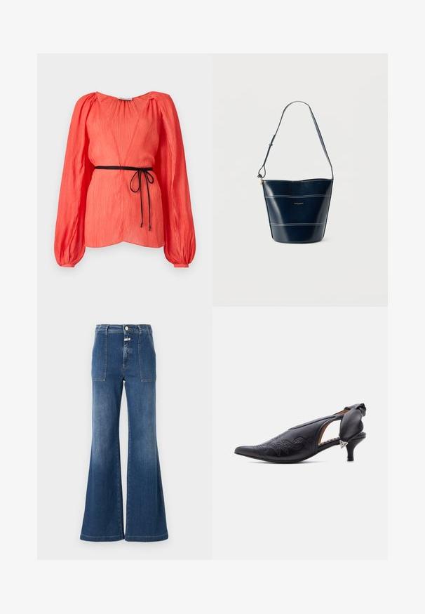 Koralfarvet top med dyb V-hals, lange puffærmer og bælte i sort satin. Tekstureret stof med lodrette plisseringer over det hele.; Høj talje flared jeans i mellemblå denim med en falmet finish. Har lomme med klap og knaplukning. Renset kant.; Sort læder slingback-hæl med spids tå og broderede detaljer samt en lav kitten-heel, der har en polstret sløjfe og en sølvfarvet trekantsdetalje.; Mørkeblå læder bucket taske med hvide stikninger, justerbar skulderrem og lille gyldent mærkelogo på frontens midte.