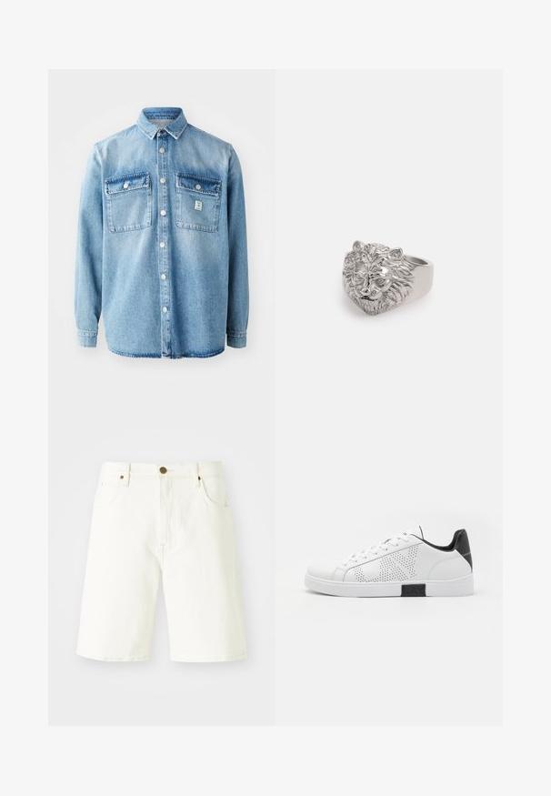Lys blå denimskjorte med lange ærmer, spidse krave, to brystlommer og frontknaplukning. Har en subtil stoftekstur og syningsdetaljer.; Hvide denimshorts med lige snit, klassisk fem-lomme design og kobberknaplukning. Glat tekstur og kantede kanter.; Hvide lædersneakers med perforeret design, sort hæl accent og mellemsål. Har rund tå og seks snøreøjer.; Sølv løvehoved signetring med detaljeret manke og ansigtstræk, glat bånd, poleret finish, tredimensionelt design.
