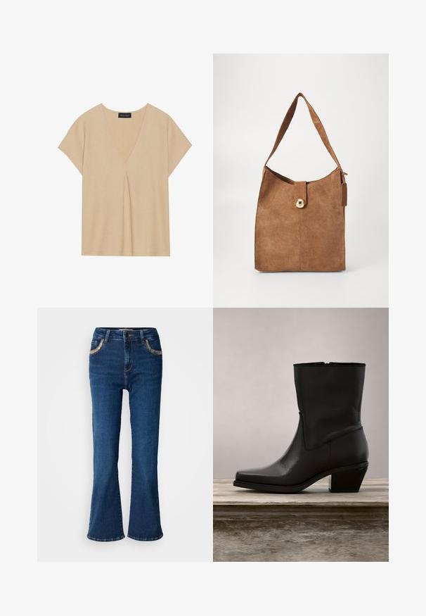 Beige top med V-hals og korte ærmer. Letvægts, struktureret stof med central plissédetalje. Enkel, afslappet design.; Mørkeblå brede jeans med en glat denimoverflade, kontrasterende gyldne syninger og forlommer. Klassisk fem-lomme design.; Sort læder ankelstøvle med spids tå, lav blokhæl, glat overflade og minimalistsk syning. Lynlåslukning synlig på bagsiden.; Brun ruskind skuldertaske med en enkel strop, der har en guldfarvet lås og en glat overflade. Minimalistisk design med en flad bund.