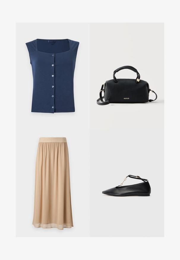 Donkerblauw mouwloos topje met vierkante halslijn en knoopsluiting aan de voorkant, getoond op een effen witte achtergrond.; Beige midi-rok met een brede elastische tailleband waarop de merknaam staat. Zacht, vloeiend materiaal met een gladde textuur en een eenvoudig ontwerp.; Zwarte leren ballerina's met een pointed toe, uitgesneden ontwerp, enkelbandje en gouden kettingaccent. Glad oppervlak, minimale hak.; Zwarte Hugo-handtas met gevlochten bovenhandvatten, gouden beslag en afneembare schouderband op een effen lichte achtergrond.