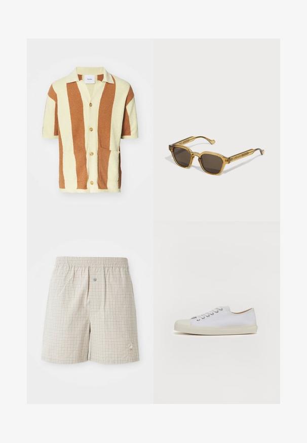 Cardigan à manches courtes en texture crème et marron rayée, avec un devant à boutons, deux poches avant et un matériau doux et pelucheux.; Shorts à carreaux beige clair avec une texture douce, ceinture élastique et broderie décorative d'oie blanche près de l'ourlet.; Baskets en toile blanches avec bout rond, semelle plate en caoutchouc crème, six oeillets pour les lacets et détails de couture subtils sur la tige.; Lunettes de soleil de couleur ambre avec une forme géométrique, verres foncés, épais montures transparentes et logo en relief sur les tempes.