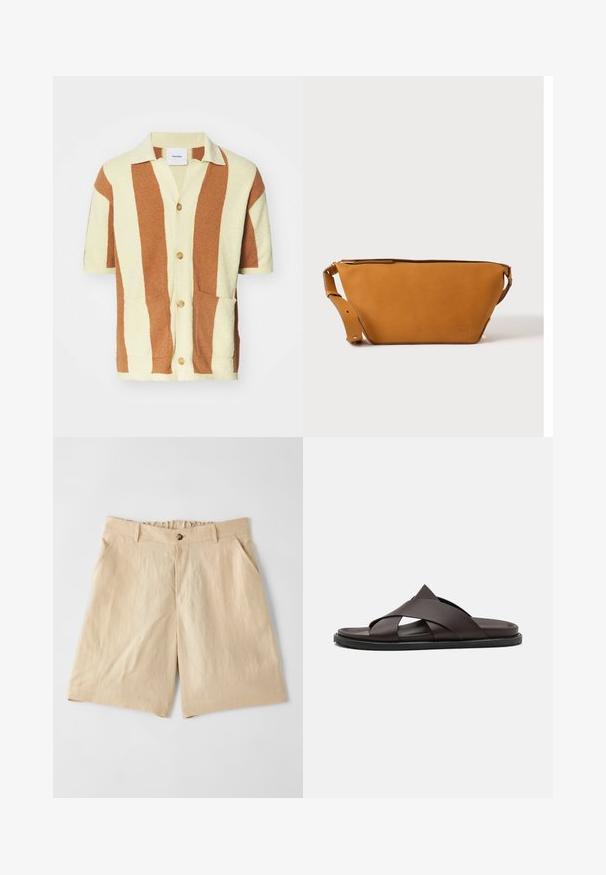 Cardigan à manches courtes en texture crème et marron rayée, avec un devant à boutons, deux poches avant et un matériau doux et pelucheux.; Paul Smith Short - sand; Stuart Weitzman BERKLEY - Mules - espresso; Sac bandoulière en cuir marron clair avec sangle réglable et fermeture éclair, présenté sur un fond clair uni.