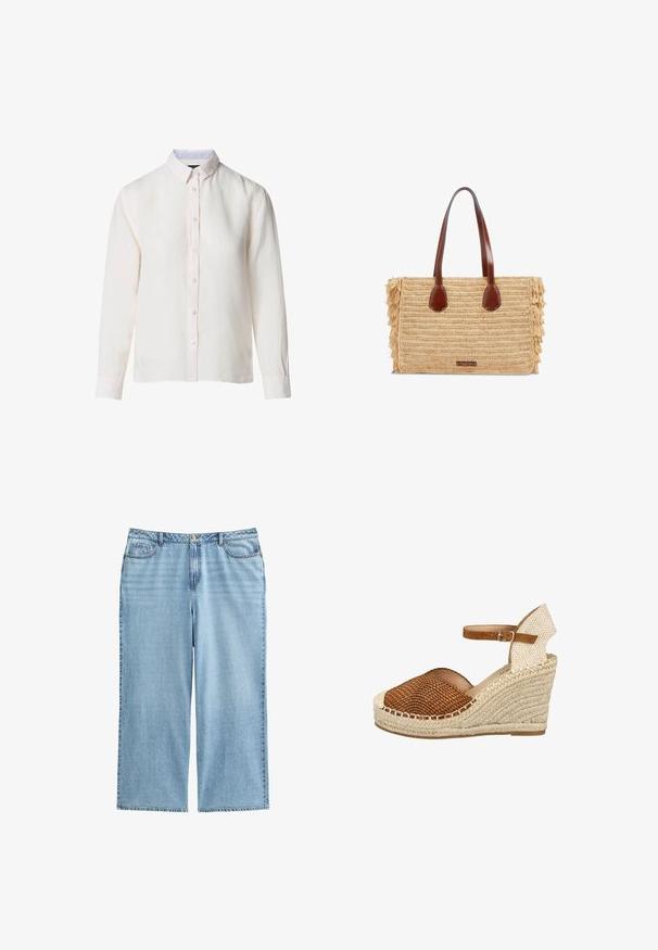 Camisa blanca de manga larga con botones y cuello, con detalle de rayas en el interior del cuello, exhibida sobre un fondo blanco.; Culottes de mezclilla azul claro con cintura alta, piernas anchas y diseño de cinco bolsillos, con costuras en contraste y cierre de botón.; Sandalia cuña marrón tejida con suela de yute trenzado beige y correa en el tobillo con cierre de hebilla, vista lateral sobre fondo blanco.; Bolso rectangular tejido de paja con asas de cuero marrón y laterales con flecos, con una pequeña etiqueta frontal.