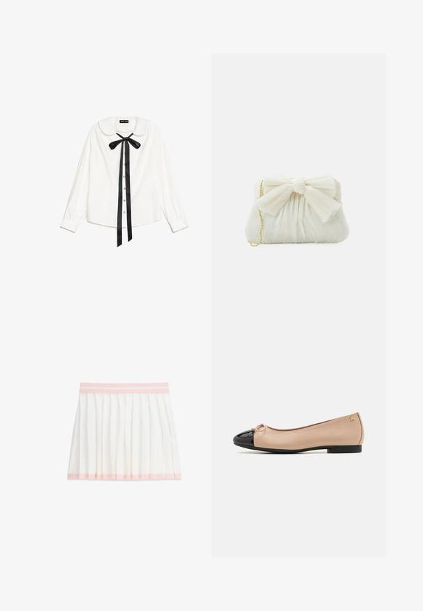 Blouse blanche à manches longues avec col Peter Pan, nœud en satin noir au cou et boutons en perles à l'avant.; Jupe plissée blanche avec ceinture et bordure rose pâle, longueur genou, vue à plat sur fond blanc.; Ballerines avec un dessus en satin beige, un embout en cuir verni noir, un petit nœud à l'avant et un petit talon noir.; Sac à main plissé blanc avec un nœud proéminent et une chaîne dorée. Texture douce avec un design froncé à l'avant.