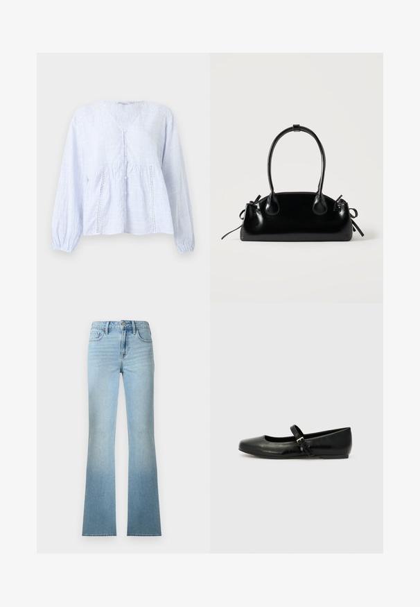 Langærmet lyseblå og hvide vertikale stribet bluse med V-hals, knaplukning foran og dekorative paneler med blonder foran.; Lyseblå, højtaljede, straight-fit jeans i denim med for- og baglommer, knaplukning og bæltestropper.; Sorte læder balletflade med rund tå, flad sål og en tynd justerbar rem over svangen med en metalspænde.; Lille sort blank håndtaske med to lange håndtag og snøre-detaljer i siden på en ensfarvet lys baggrund.
