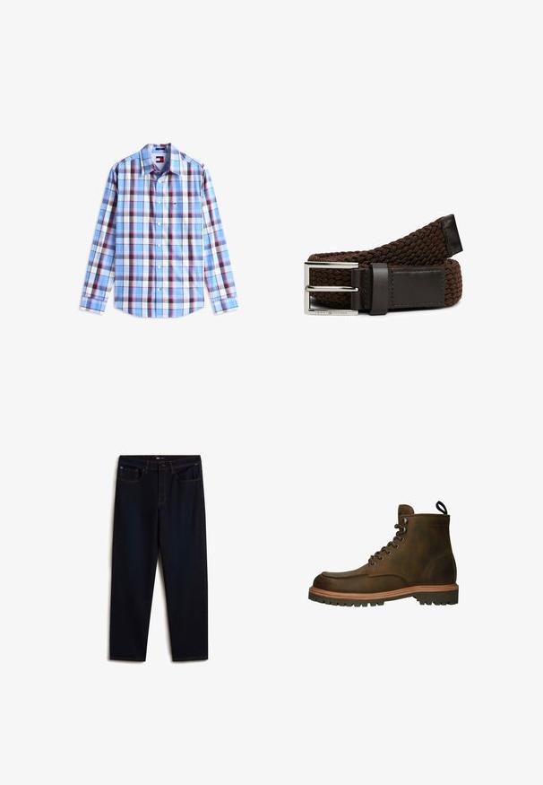 Langärmliges Hemd mit Knöpfen, blau-weiß-schwarz-rotem Karomuster und spitzem Kragen, flach auf einem weißen Hintergrund ausgelegt.; Vans Jeans Relaxed Fit - dark blue; Braune Leder-Stiefelette mit runder Zehenform, runden Schnürsenkeln, Gummisohle und kontrastierendem braunen Mittelsohle. Verfügt über eine Schlaufe an der Ferse für ein einfaches Anziehen.; Braun gewebter Gummigürtel mit einer dunklen Lederakzent und einer Silberschnalle mit geprägtem Branding. Vielseitiges Design für lässige Kleidung.