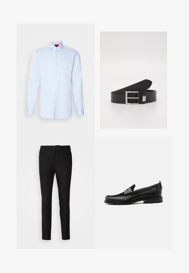 Camisa de botones de manga larga en azul claro con cuello extendido, dobladillo redondeado y botones blancos. Tejido suave con un brillo sutil.; Pantalones negros de corte ajustado, con cierre de botón, cremallera y dos bolsillos frontales. Tejido suave con un acabado mate.; Mocasín de cuero negro con detalle de tira gris, tacón bajo y suela texturizada, con la marca "HUGO" en oro en el lateral.; Cinturón de cuero negro con una textura suave y elegante, que presenta una hebilla de metal plateado y un sutil detalle de marca.