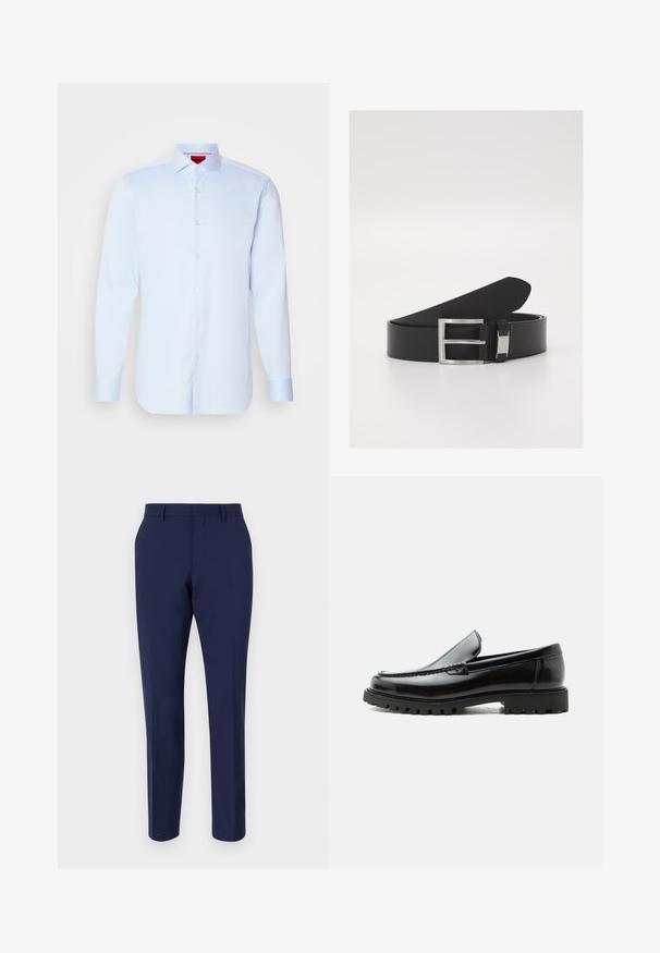 Camisa de botones de manga larga en azul claro con cuello extendido, dobladillo redondeado y botones blancos. Tejido suave con un brillo sutil.; Pantalones ajustados azul marino hechos de una tela suave, con un corte slim, frente plano y una cinturilla estándar con pasadores para cinturón.; Mocasín de cuero negro con suela de goma gruesa, empeine cosido y nombre de la marca en relieve en el talón, mostrado en perfil lateral sobre fondo blanco.; Cinturón de cuero negro con una textura suave y elegante, que presenta una hebilla de metal plateado y un sutil detalle de marca.