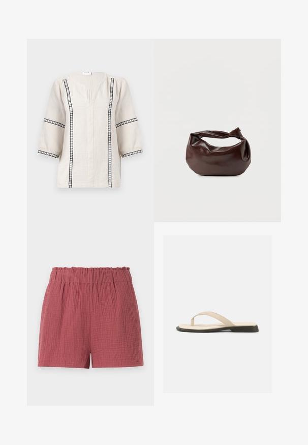 Blouse beige clair avec un col en V, des manches trois-quarts, et des rayures décoratives noires le long des côtés et des poignets. Tissu doux et texturé.; Shorts texturés couleur rose avec taille élastiquée et coupe décontractée, conçus pour un usage quotidien.; Sandale plate beige à bride en forme de tongs avec une semelle intérieure rembourrée et une semelle noire, vue de côté sur fond blanc.; Sac bandoulière en cuir marron foncé avec une forme souple et décontractée et une anse nouée torsadée sur un fond blanc uni.