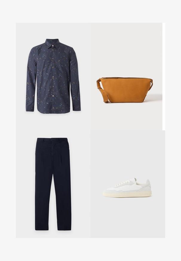 Chemise bleu marine à manches longues avec boutons, motif abstrait multicolore de coups de pinceau et col classique pointu.; Pantalons bleu marine en tissu léger avec une taille plate, deux plis et une fermeture à bouton standard au niveau de la taille.; Baskets blanches avec dessus en daim et cuir texturé. Caractérisées par un bout arrondi, une fermeture à lacets et une semelle en caoutchouc beige contrastante.; Sac bandoulière en cuir marron clair avec sangle réglable et fermeture éclair, présenté sur un fond clair uni.