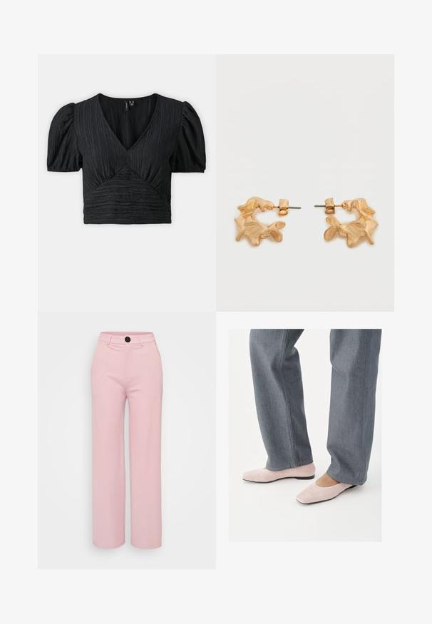 Zwarte cropped blouse met een textuur en geplooid ontwerp. Heeft een diepe V-hals en puffed mouwen, waardoor een vrouwelijke silhouet ontstaat.; Lichtroze wijde broek met een gladde textuur, voorzien van een zwarte knoop en een klassiek ontwerp van de tailleband. Geen extra zakken zichtbaar.; Persoon die grijze spijkerbroek en lichtroze suède platte schoenen draagt, staand op een wit oppervlak.; Oorbellen in goudkleur met een abstracte, organische vorm, voorzien van een gestructureerd oppervlak en een sluiting met oorstekers.