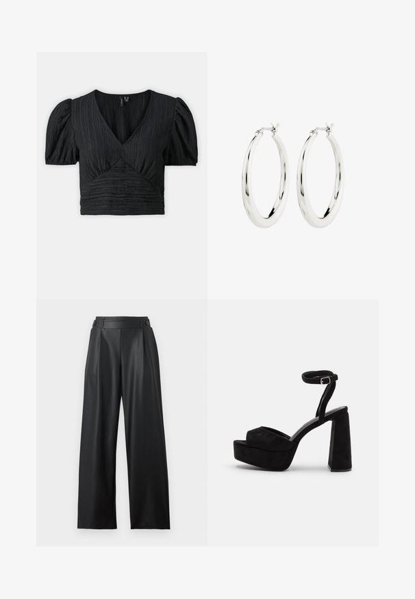 Blusa negra corta con un diseño texturizado y plisado. Presenta un escote en V profundo y mangas abullonadas, creando una silueta femenina.; Pantalones anchos de cuero sintético negro con cintura alta, detalles de botones en la cintura y pliegues delanteros.; Sandalias de plataforma negras con textura de ante, amplia tira frontal, tira en el tobillo con hebilla y tacón grueso. Diseño elegante y moderno.; Pendientes de aro de plata con un acabado suave y brillante. Forma circular, con un cierre seguro. Diseño sencillo y elegante.