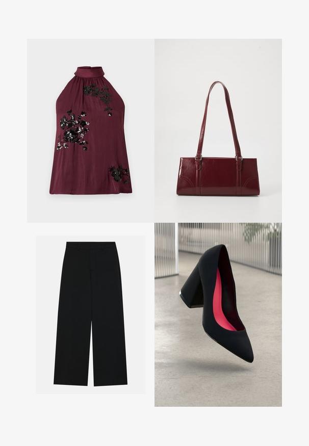 Haut dos nu bordeaux en tissu doux, orné d'une broderie florale noire avec des paillettes sur le devant, et doté d'un col froncé.; Pantalons noirs à jambe large en tissu lisse. Dotés d'une taille plate avec passants de ceinture et sans poches visibles. Design simple.; Chaussure à talon haut noire avec un bout pointu et une tige texturée. Intérieur avec une doublure rose vif. Talon carré avec un accent métallique à la base.; Sac à main bordeaux en matériau brillant, de forme rectangulaire, avec deux anses et des accents légèrement courbés à l'avant.