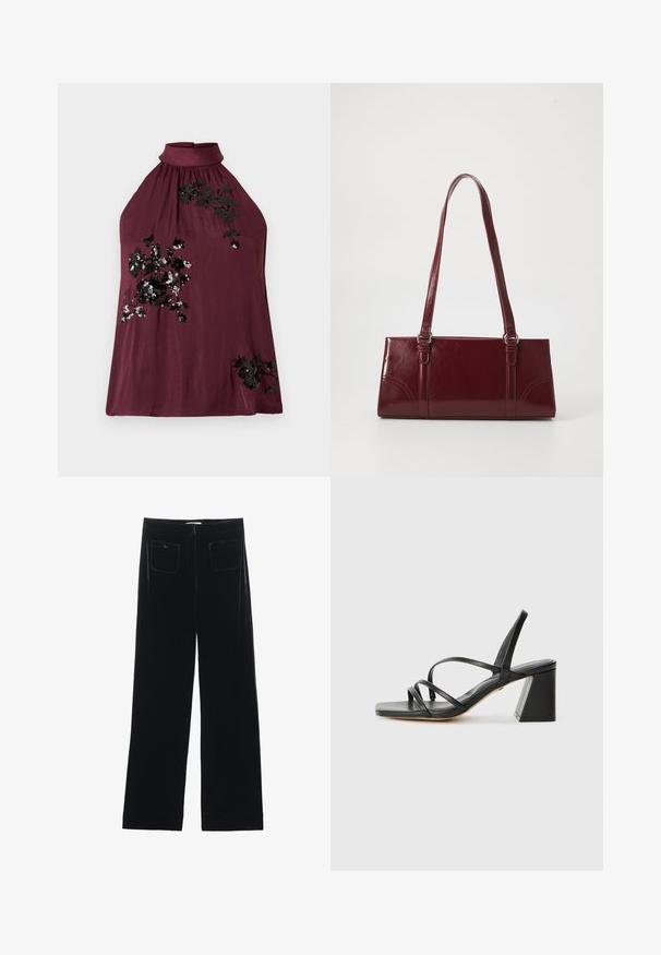 Haut dos nu bordeaux en tissu doux, orné d'une broderie florale noire avec des paillettes sur le devant, et doté d'un col froncé.; Pantalons larges en velours noir avec deux poches arrière et une texture lisse, présentant une coupe droite et une finition ourlée aux chevilles.; Sandales noires à talons avec un bout carré, présentant plusieurs fines bretelles et un talon bloc géométrique. Texture en cuir lisse et design minimaliste.; Sac à main bordeaux en matériau brillant, de forme rectangulaire, avec deux anses et des accents légèrement courbés à l'avant.