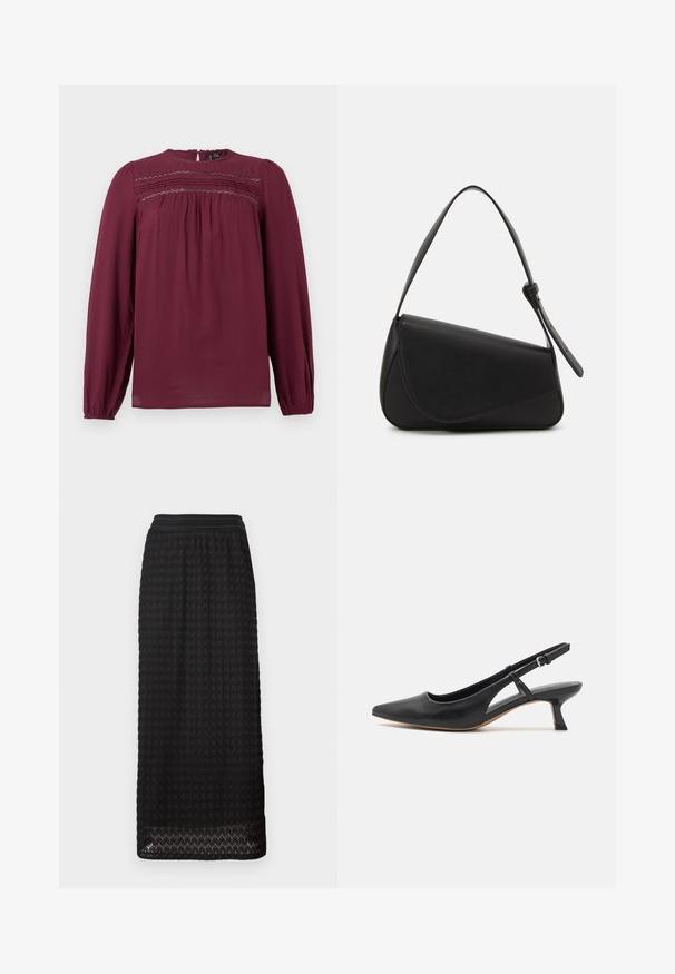 Blusa burdeos con mangas largas, escote redondo y detalles fruncidos en el pecho. Tela suave con una textura sutil y caída suave.; Falda midi negra con un patrón texturizado tipo panal y una cinta elástica ancha en la cintura. El dobladillo presenta un diseño con detalles en forma de onda para mayor atractivo.; Zapato slingback de piel negra con punta afilada, tacón bajo tipo bloque, detalle en los laterales recortados y correa ajustable en el tobillo. Textura suave en toda la superficie.; Bolso de mano de cuero negro con forma triangular, tapa en ángulo y un asa superior redondeada. Presenta una textura suave y detalles de diseño minimalistas.