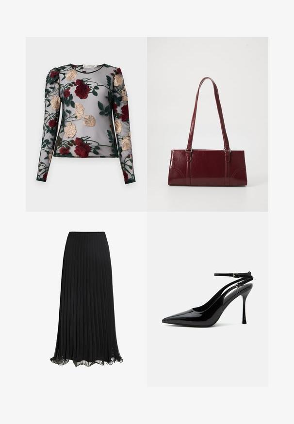 Blusa de manga larga transparente con bordado floral en burdeos y crema sobre un fondo gris. Presenta un escote redondo y detalle de hombros abullonados.; Falda maxi plisada negra hecha de un tejido liviano con un diseño fluido. Cuenta con un dobladillo con volantes y una cinturilla elástica para mayor comodidad.; Zapato destalonado de piel de charol negra con tacón alto, punta puntiaguda y doble tirante en el tobillo con hebillas plateadas.; Bolso burdeos hecho de material brillante, de forma rectangular, con dos asas para el hombro y sutiles acentos curvados en la parte frontal.