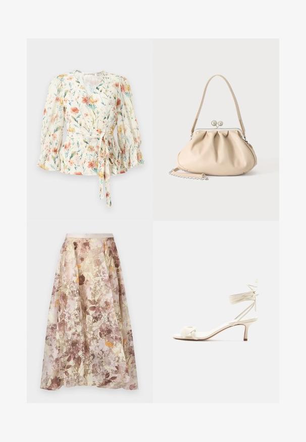 Μπλούζα τύπου wrap με μακριά μανίκια, floral σχέδιο, βολάν στις μανσέτες, ντεκολτέ σε σχήμα V και δεμένη ζώνη στη μέση σε απαλά παστέλ χρώματα σε λευκό φόντο.; Μακριά φούστα σε Α γραμμή με διάφανο στρώμα που διαθέτει απαλά ροζ, μπεζ και καφέ floral μοτίβα και εφαρμοστή ελαφρώς μπεζ μέση.; Παντόφλα με χαμηλό τακούνι σε κρεμ απόχρωση, με κορδόνια που δένουν στον αστράγαλο και φαρδιά στριφτή λουρίδα πάνω από τα δάχτυλα, σε απλό λευκό φόντο.; Μπεζ μαλακή δερμάτινη τσάντα με ασημένιο μεταλλικό πλαίσιο κλεισίματος, έναν μονό ιμάντα ώμου και προαιρετικό αλυσίδα ιμάντα σε λευκό φόντο.
