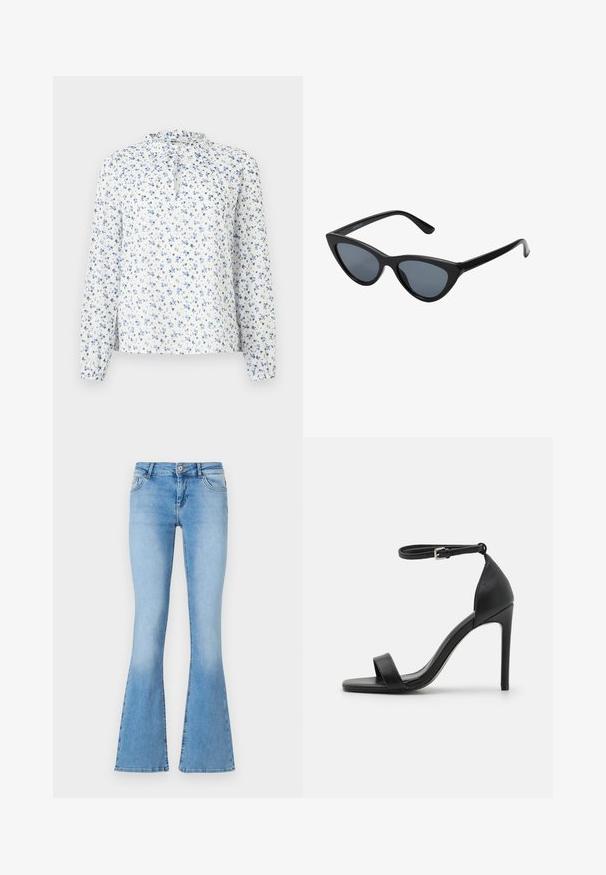 Witte blouse met lange mouwen, blauwe bloemenprint, geplooide kraag en strikdetail aan de voorkant.; Lichtblauwe uitlopende jeans van denim met een middellange taille, voorzien van zijzakken en stiksels langs de naden en zoom.; Zwarte sandalen met hoge hakken, met een slank ontwerp, voorzien van een enkelbandje, open teen en een gladde leren textuur.; Zwarte cat-eye zonnebril met donkergrijze lenzen, slank plastic frame, puntige hoeken en rechte pootjes. Geen zichtbare hardware of accenten.