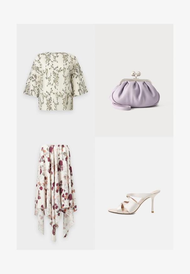 Bluse med blomsterbroderi i cremefarve, der har korte, brede ærmer og en tekstureret overflade med mørkegrønne og beige blomster.; Hvid nederdel med sjaldræk, dekoreret med maroon, grå og orange akvarel-blomsterprint, der har en elastisk talje.; Beige højhælet mule med spids tå, slank stiletthæl og tre brede læderremme over foden.; Blød lavendel clutch med opsamlet stof, sølv kiss-lock lås og matchende håndledsrem på en ensfarvet lys baggrund.