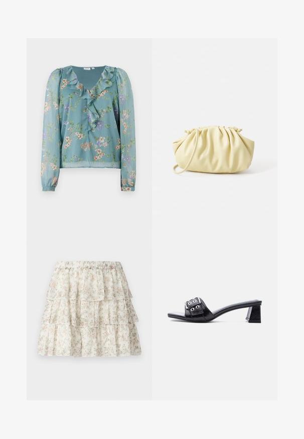 Blouse florale en tissu léger teal transparent ; présente un col froncé, des manches longues et de petits motifs de fleurs multicolores sur l'ensemble.; Jupe blanche avec un design en couches et volants. Présente un motif floral délicat en rose et vert. Taille élastique pour plus de confort.; Mule noire à bout ouvert avec talon bloc bas et large bride ornée d'une boucle argentée et de détails à œillets, vue de côté.; Sac à main plissé jaune en simili cuir lisse, arborant une forme douce avec une bandoulière unique et un design froncé sur le dessus.