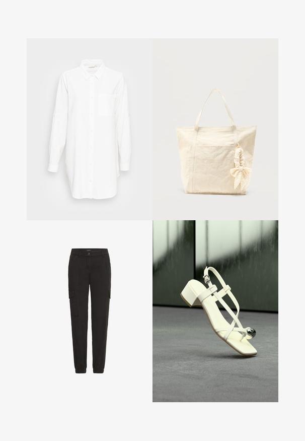 Camisa blanca de manga larga con botones, color blanco, con cuello y bolsillo en el pecho, presentada sobre un fondo gris claro liso.; Pantalones cargo negros de tela ligera, con cinturilla elástica, bolsillos laterales y un corte relajado.; Sandalia blanca de tiras con un tacón bajo de bloque y una esfera metálica decorativa plateada en la tira delantera, sobre una superficie gris con un fondo verde desenfocado.; Bolsa tote de lona beige con dos asas y una goma de pelo con lazo adjunta a una de las asas, sobre un fondo liso.