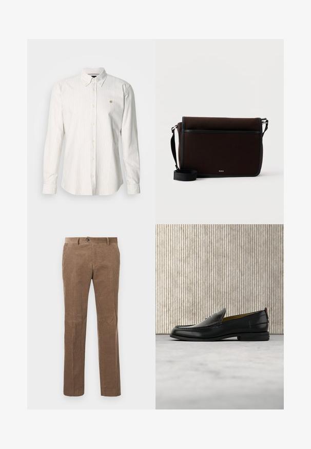 Camisa de manga larga a rayas en beige claro y blanco. Cuenta con cuello abotonado, botones delanteros y un pequeño logotipo en el pecho.; Pantalones de pana marrones con textura de ribete vertical, diseño de pierna recta, cierre de un solo botón y dos bolsillos frontales.; Mocasín de cuero negro para hombre con empeine grabado en relieve de cocodrilo y tacón bajo, mostrado de perfil sobre un fondo neutro.; Bolso mensajero de tela marrón oscuro con correa negra ajustable y pequeño logo plateado "BOSS" en la solapa frontal.