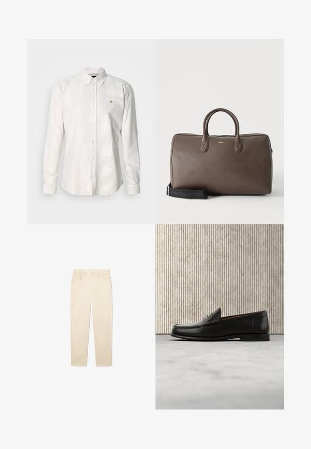 Gestreept shirt met lange mouwen in lichtbeige en wit. Voorzien van een button-down kraag, knopen aan de voorkant en een klein logo op de borst.; Witte beige denim jeans met een rechte pijp, voorzien van vijf zakken, een knoop- en ritsluiting, en subtiele stikseldetails.; Zwarte leren penny loafer met lage hak, afgeronde neus en gestikte details langs de voorkant en zijkanten, afgebeeld op een neutrale achtergrond.; Bruine leren duffeltas met twee handvatten, een zwarte verstelbare schouderriem en een klein "BOSS" logo middenvoor.