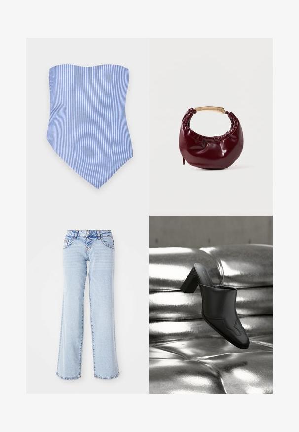 Haut sans manches à rayures verticales bleu et blanc avec un ourlet pointu. Fabriqué en tissu léger, avec une texture lisse et une coupe ajustée.; Jean en denim bleu clair avec une coupe décontractée, jambes droites et décoloration subtile. Comprend cinq poches et passants de ceinture. Détail d'ourlet effilé.; Mule en cuir noir avec talon bloc reposant sur une surface argentée brillante capitonnée, mettant en valeur son design élégant et ses détails incurvés.; Sac à main en simili cuir bordeaux avec une forme arrondie, des détails froncés et une anse en métal doré. Texture lisse et finition brillante.