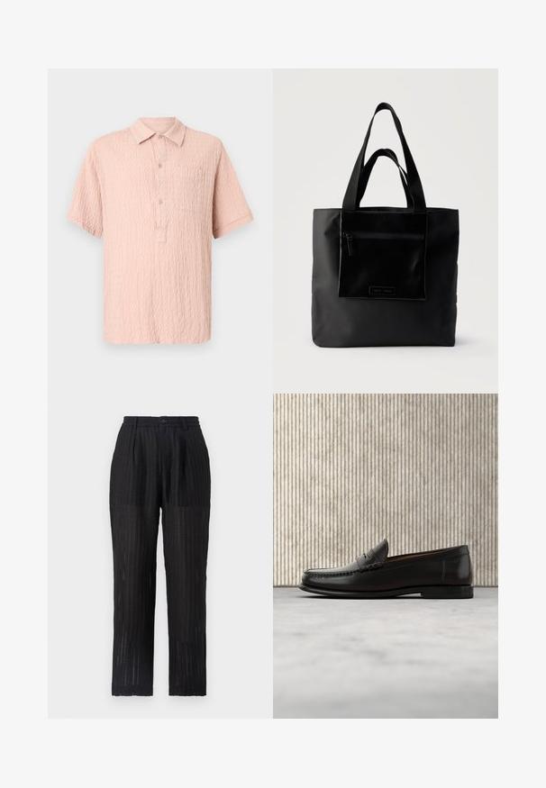 Rosa Kurzarmhemd aus strukturiertem Stoff mit durchgehender Knopfleiste und einer einzelnen Brusttasche. Klassisches Kragen-Design.; Schwarze, plissierte Hose aus einem strukturierten, gemusterten Stoff. Mit elastischem Bund und Knopfverschluss, gerade Schnittform.; Schwarzer Pennyloafer aus Leder mit niedrigem Absatz, abgerundeter Spitze und genähten Details vorne und an den Seiten, gezeigt vor neutralem Hintergrund.; Schwarze Tragetasche mit vorderer Reißverschlusstasche und zwei Griffen, vor einfachem hellem Hintergrund.