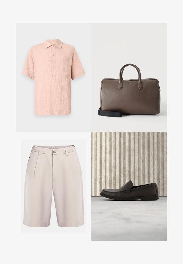 Chemise rose à manches courtes avec un tissu texturé, un devant à boutons et une poche poitrine simple. Design de col classique.; Shorts beiges ajustés avec plis sur le devant, passants pour ceinture, poches latérales, fermeture à boutons et ourlet droit.; Mocassin en cuir marron foncé sans lacets avec semelle blanche en caoutchouc et détails cousus, présenté de profil sur un fond neutre.; Sac de sport en cuir marron avec deux poignées, une bandoulière noire réglable et un petit logo "BOSS" au centre à l'avant.