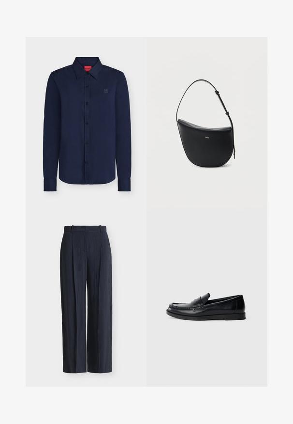 Chemise bleu marine à manches longues avec boutons, col pointu, logo "HUGO" brodé sur la poitrine gauche et étiquette intérieure rouge au niveau du cou.; Pantalon large bleu marine à fines rayures, avec passants de ceinture et plis devant, présenté sur un fond blanc uni.; Mocassins en cuir noir avec un design d'accent cousu, bout rond, semelle plate en caoutchouc et finition lisse. Silhouette classique et polyvalente.; Sac à bandoulière en cuir noir en forme de demi-lune avec une bandoulière réglable et le logo doré « BOSS » centré sur le devant.