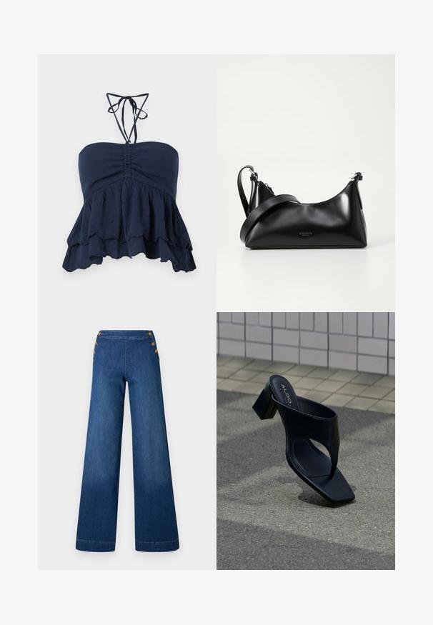 Top sans bretelles bleu marine avec un corsage froncé, un ourlet à volants et de fines lanières au cou. Tissu doux et texturé avec une coupe décontractée, idéal pour un usage quotidien.; Pantalon en denim bleu foncé à jambes larges. Il présente un devant plat avec cinq boutons dorés pour la fermeture. Texture lisse avec une finition classique.; Sandale à talon noire avec bout carré et large bride, posée sur un bitume gris près d'un mur carrelé.; Sac à main en cuir noir avec une texture lisse. Dispose d'une bandoulière adjustable et d'un design élégant et minimaliste avec une fermeture éclair.