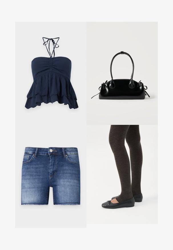 Marineblå strapless top med en samlet bodice, volangkant og tynde halssnore. Blødt, tekstureret stof med en afslappet pasform, ideel til afslappet brug.; Denimshorts i en mellemblå vask med lige snit. Har slidte områder, en frontlomme og en rå kant forneden.; Ben iført mørke ribbede leggings kombineret med sorte balletsko med små sløjfedetaljer på hvid baggrund.; Lille sort blank håndtaske med to lange håndtag og snøre-detaljer i siden på en ensfarvet lys baggrund.