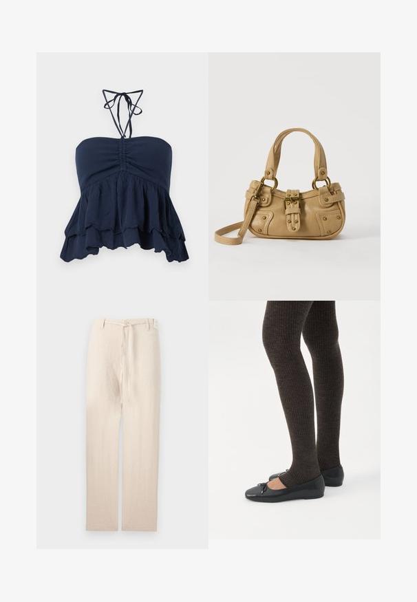 Top sin tirantes azul marino con un cuerpo fruncido, dobladillo con volantes y delgadas cintas al cuello. Tejido suave y texturizado con un ajuste relajado, ideal para un look casual.; Pantalones de lino beige con un diseño de pierna recta, que presentan un cierre de botón y una corbata de tela en la cintura, ofreciendo una apariencia ligera y texturizada.; Piernas con leggings oscuros acanalados combinados con bailarinas negras que presentan pequeños detalles de lazo sobre un fondo blanco.; Bolso de cuero beige con doble asa, hebilla y remaches de latón, y una correa de hombro ajustable sobre un fondo blanco.