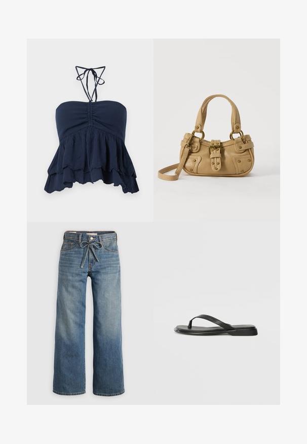 Marineblå strapless top med en samlet bodice, volangkant og tynde halssnore. Blødt, tekstureret stof med en afslappet pasform, ideel til afslappet brug.; Lyseblå vide jeans lavet af denim, med en snøre i taljen, to frontlommer og subtilt slid for tekstur.; Sorte flip-flops lavet af glat læder, med et tyndt remdesign og en flad sål med et minimalt profil. Ingen bemærkelsesværdige mønstre eller accenter.; Beige læderhåndtaske med dobbelte håndtag, messing spænde og nitte detaljer samt en justerbar skulderrem mod en hvid baggrund.